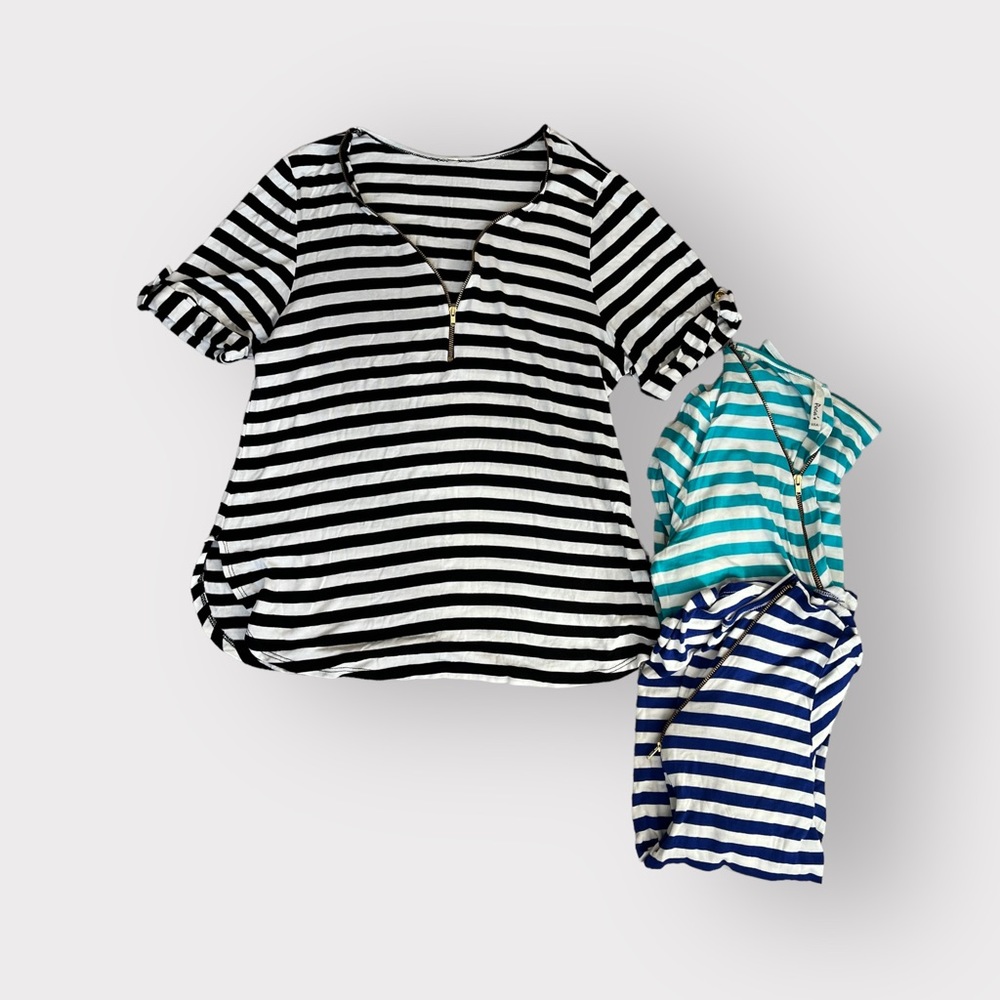 Peca’s Striped Zip Neckline Button Roll Sleeve Blouse (3 PC Bundle)